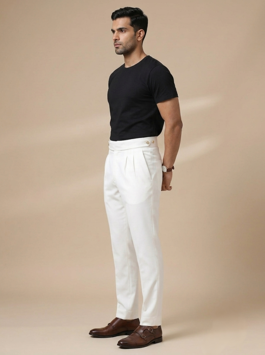 Classic Double Buttoned Off-White Plated Gurkha Pant