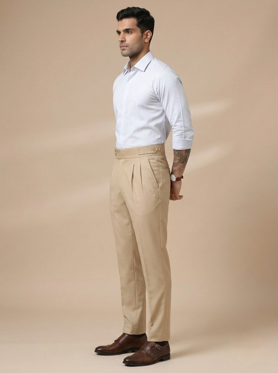 Classic Double Buttoned Tan Pleated Gurkha Pant