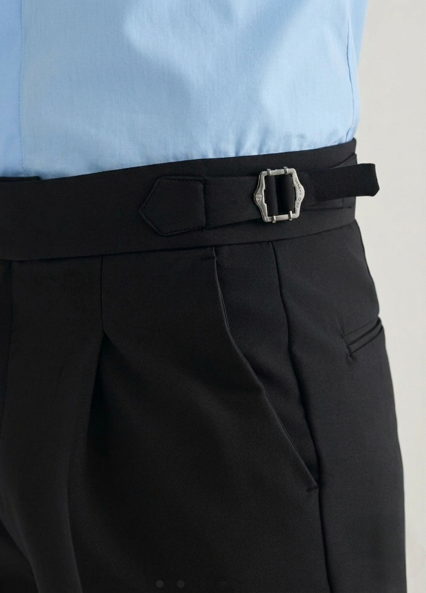 Classic Double Buttoned Jet Black Pleated Gurkha Pant