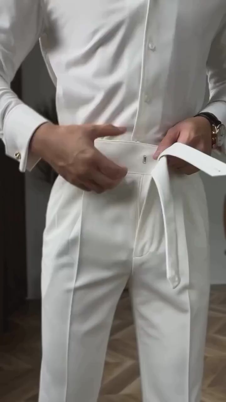 Classic Double Buttoned Off-White Plated Gurkha Pant